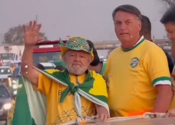 Lula (o sósia) e Bolsonaro passeando lado a lado numa camionete em Ribeirão Preto, em 2024 - Reprodução