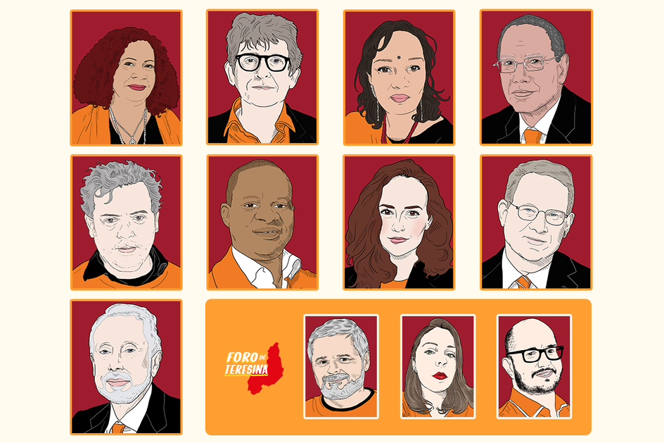 A partir da esq., acima: Luz Mely Reyes, Alan Rusbridger, Manisha Pande, Dean Baquet, Carlos Dada, Musikilu Mojeed, Olga Rudenko, Jeffrey Goldberg, Persio Arida, Fernando de Barros e Silva, Ana Clara Costa e Celso Rocha de Barros - Ilustrações: Caio Borges
