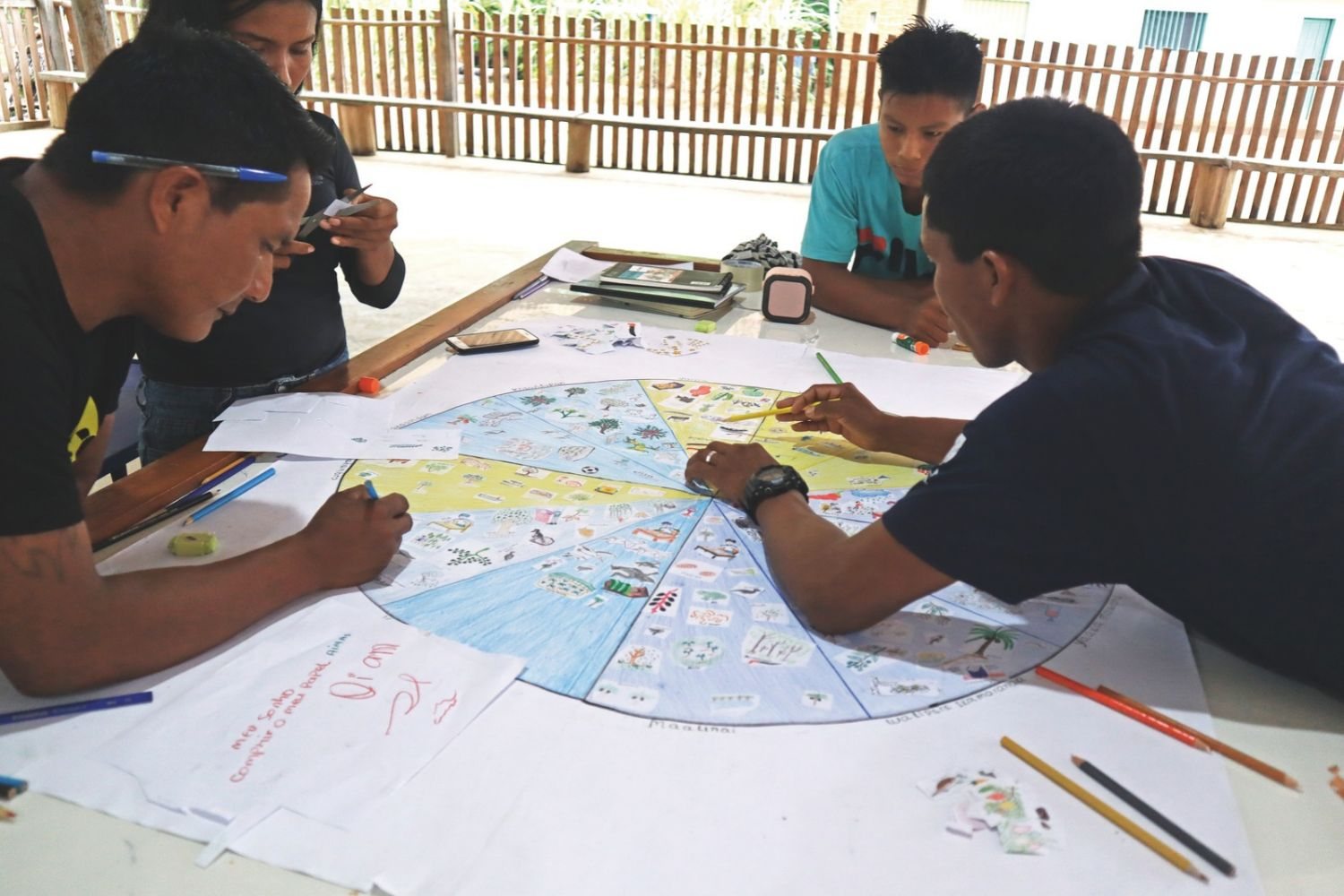 Legenda: Na comunidade Santana, Rio Quiari, região do Médio Içana, agentes fazem o desenho do ciclo anual em 2024. CRÉDITO: GISELLE SOUSA_INSTITUTO SOCIOAMBIENTAL