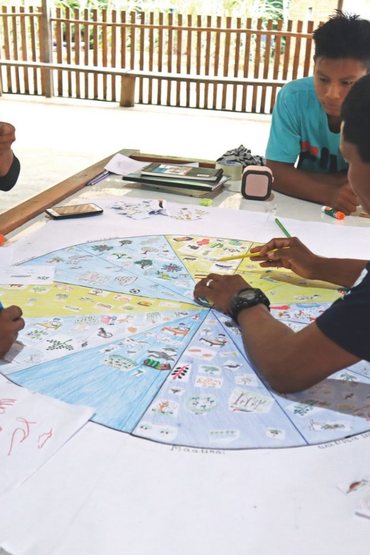 Legenda: Na comunidade Santana, Rio Quiari, região do Médio Içana, agentes fazem o desenho do ciclo anual em 2024. CRÉDITO: GISELLE SOUSA_INSTITUTO SOCIOAMBIENTAL