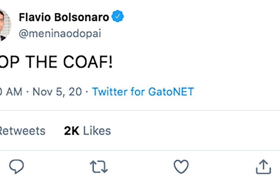 Imagem “STOP THE COAF!”, diz Flavio Bolsonaro, sobre apuração de rachadinhas