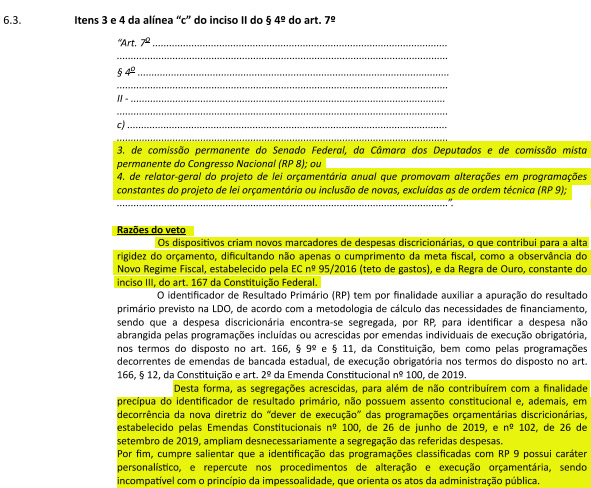 e, em destaque, trechos explicitando as razões do veto, como a falta de 