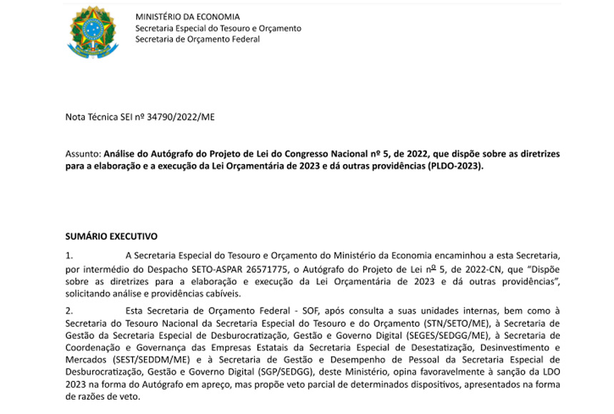 Nota técnica da Secretaria de Orçamento Federal - Reprodução de documento